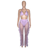Halter Bra Mesh Ruffles Pants With Panties Beach 3 Piece Bikini Set SH-390114