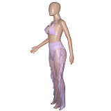 Halter Bra Mesh Ruffles Pants With Panties Beach 3 Piece Bikini Set SH-390114