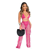 Halter Bra Mesh Ruffles Pants With Panties Beach 3 Piece Bikini Set SH-390114