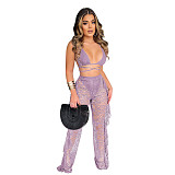 Halter Bra Mesh Ruffles Pants With Panties Beach 3 Piece Bikini Set SH-390114