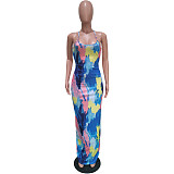 Women Sexy Tie Dye Backless Bodycon Backless High Slit Beach Vacation Maxi Dress BGN-148
