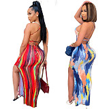 Women Sexy Tie Dye Backless Bodycon Backless High Slit Beach Vacation Maxi Dress BGN-148