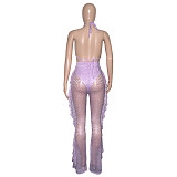 Halter Bra Mesh Ruffles Pants With Panties Beach 3 Piece Bikini Set SH-390114