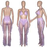 Halter Bra Mesh Ruffles Pants With Panties Beach 3 Piece Bikini Set SH-390114