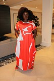 Plus Size Fashion Women's Clothing Contrast Color Printing Round Neck Short Sleeve Loose Long Dress TB-5285