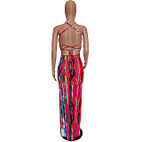 Women Sexy Tie Dye Backless Bodycon Backless High Slit Beach Vacation Maxi Dress BGN-148