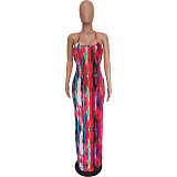 Women Sexy Tie Dye Backless Bodycon Backless High Slit Beach Vacation Maxi Dress BGN-148