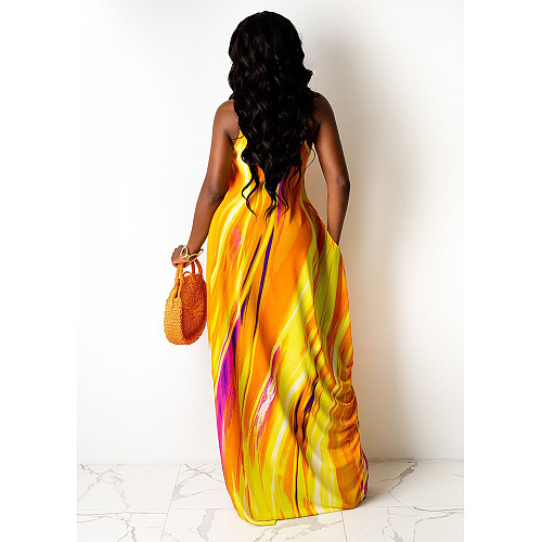 Sexy Fashion Streetwear Tie Dye Print Sleeveless Strap V-Neck Women Sundress Loose Maxi Dress CN-0130