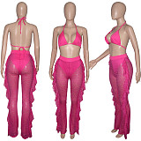 Halter Bra Mesh Ruffles Pants With Panties Beach 3 Piece Bikini Set SH-390114