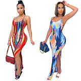 Women Sexy Tie Dye Backless Bodycon Backless High Slit Beach Vacation Maxi Dress BGN-148