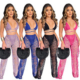 Halter Bra Mesh Ruffles Pants With Panties Beach 3 Piece Bikini Set SH-390114