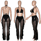 Halter Bra Mesh Ruffles Pants With Panties Beach 3 Piece Bikini Set SH-390114