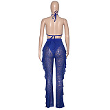 Halter Bra Mesh Ruffles Pants With Panties Beach 3 Piece Bikini Set SH-390114