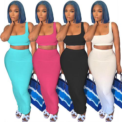 Sexy Women Clothing Summer Solid Color Sleeveless Crop Top High Waist Long Pencil Skirt 2 Piece Sets WSM-5253
