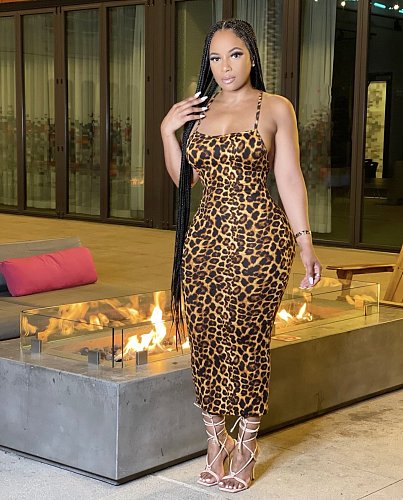 Fashion Leopard Print Women’s Sexy Sleeveless Summer Backless Halter Bandage Bodycon Long Dress BGN-170