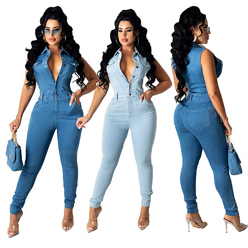 Plus Size Women Turn Down Collar Sleeveless Vintage Streetwear Bodycon Stretch Pencil Pants Denim Jumpsuit LX-6085