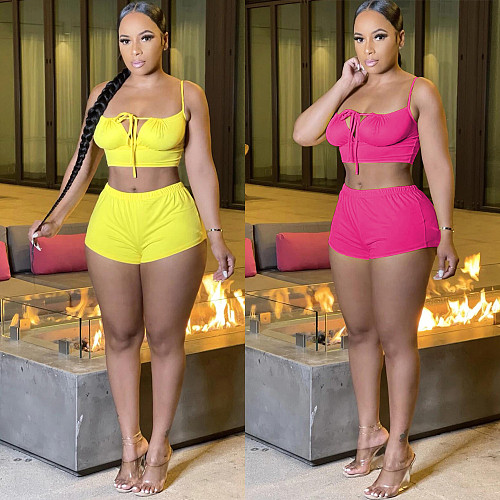 Hot Style Solid Color Women Bandage Spaghetti Strap Crop Top Body-Shaping Biker Short 2 Piece Matching Set HMS-5474