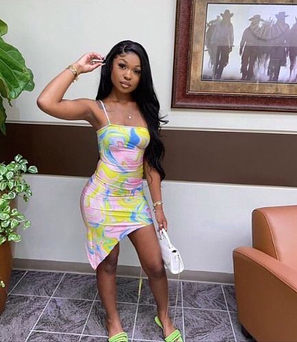 Summer Tie Dye Print Sleeveless Spaghetti Straps Bodycon Irregular Women Nightclub Party Midi Dress QZX-6214