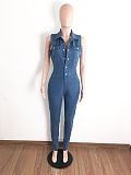 Plus Size Women Turn Down Collar Sleeveless Vintage Streetwear Bodycon Stretch Pencil Pants Denim Jumpsuit LX-6085