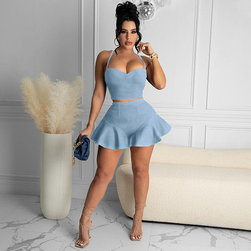Fashion Solid Color Spaghetti Straps Crop Top Ruffles Shorts Summer Women Night Club Two Piece Set TK-6181