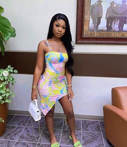 Summer Tie Dye Print Sleeveless Spaghetti Straps Bodycon Irregular Women Nightclub Party Midi Dress QZX-6214