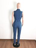 Plus Size Women Turn Down Collar Sleeveless Vintage Streetwear Bodycon Stretch Pencil Pants Denim Jumpsuit LX-6085