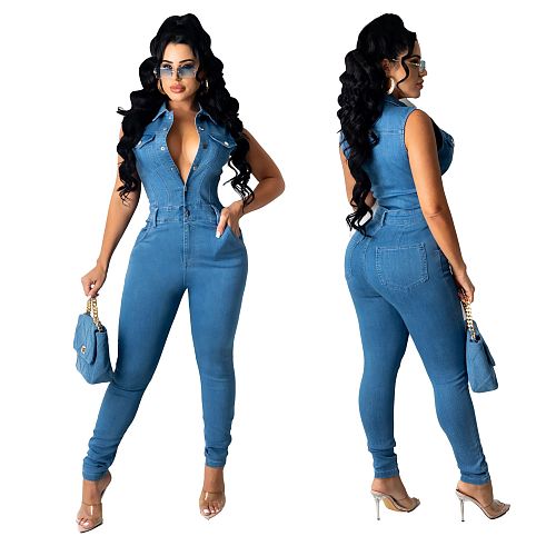 Plus Size Women Turn Down Collar Sleeveless Vintage Streetwear Bodycon Stretch Pencil Pants Denim Jumpsuit LX-6085
