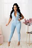 Plus Size Women Turn Down Collar Sleeveless Vintage Streetwear Bodycon Stretch Pencil Pants Denim Jumpsuit LX-6085