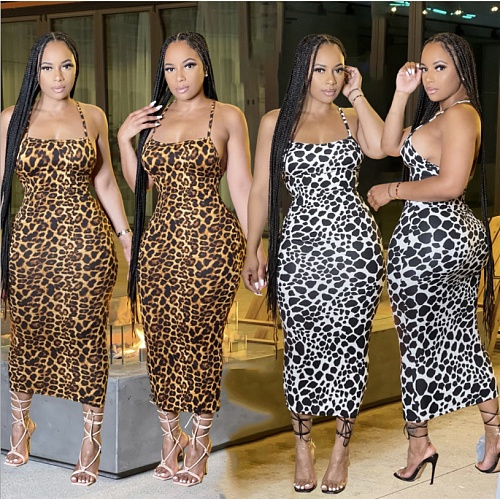 Fashion Leopard Print Women’s Sexy Sleeveless Summer Backless Halter Bandage Bodycon Long Dress BGN-170