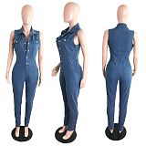 Plus Size Women Turn Down Collar Sleeveless Vintage Streetwear Bodycon Stretch Pencil Pants Denim Jumpsuit LX-6085