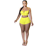 Hot Style Solid Color Women Bandage Spaghetti Strap Crop Top Body-Shaping Biker Short 2 Piece Matching Set HMS-5474