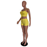Hot Style Solid Color Women Bandage Spaghetti Strap Crop Top Body-Shaping Biker Short 2 Piece Matching Set HMS-5474