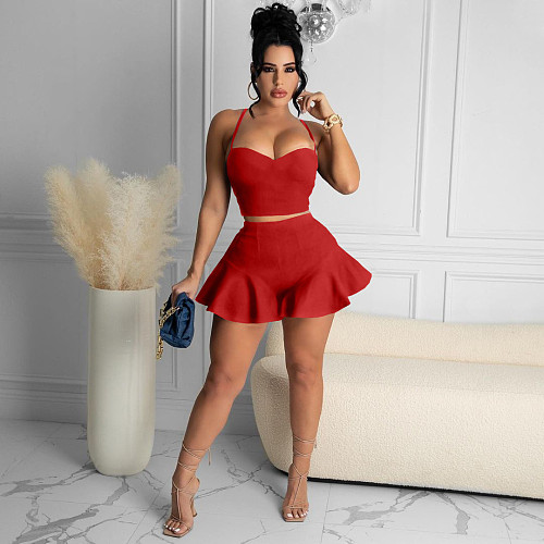 Fashion Solid Color Spaghetti Straps Crop Top Ruffles Shorts Summer Women Night Club Two Piece Set TK-6181
