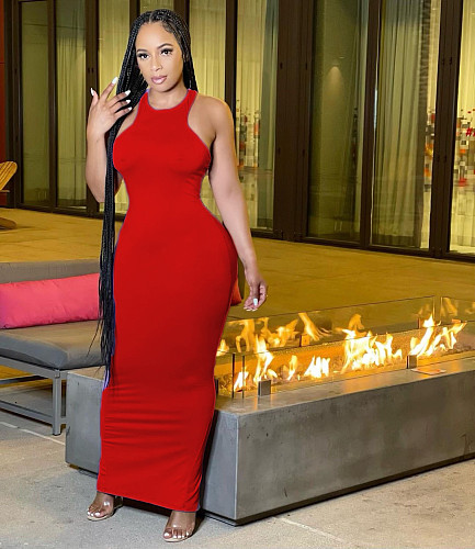 Fashion Solid Color Sleeveless O-Neck High Waist Summer Party Clubwear Outfit Bodycon Long Dress DAI-8352