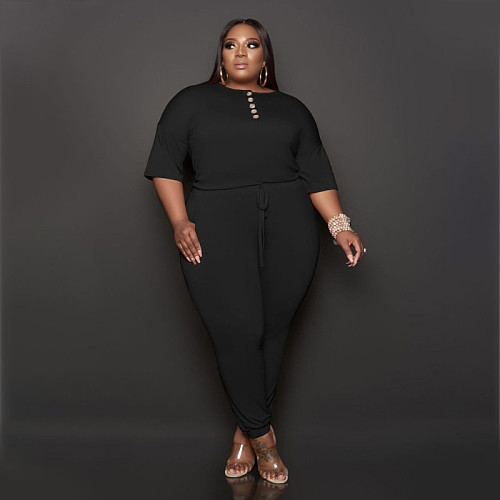 Fashion Plus Size Solid Color Half Sleeve O Neck T Shirt Top Lace-Up Pencil Pants Summer Women Two Piece Set OSS-21053