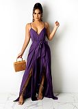 2021 Summer Hot Style Women Elegant Solid Color Deep V Neck Wide Leg Split Spaghetti Strap Bandage Jumpsuit ANDI-0508