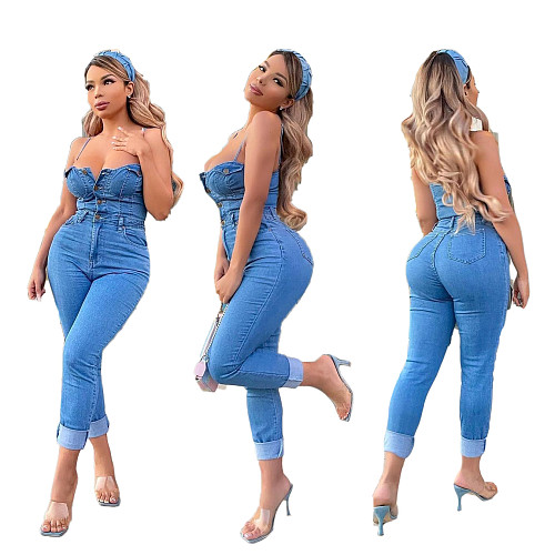 Plus Size 2021 Women Clothes Solid Color Slash Neck Sleeveless Spaghetti Strap Summer Buttons Bodycon Jumpsuit LX-6082