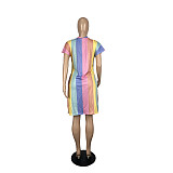 Fashion Women Summer Sexy Short Sleeve O Neck Loose Rainbow Striped Print Oversized T Shirt Midi Dress CHY-1334