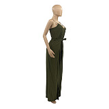 2021 Summer Hot Style Women Elegant Solid Color Deep V Neck Wide Leg Split Spaghetti Strap Bandage Jumpsuit ANDI-0508
