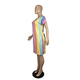 Fashion Women Summer Sexy Short Sleeve O Neck Loose Rainbow Striped Print Oversized T Shirt Midi Dress CHY-1334