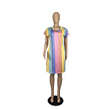 Fashion Women Summer Sexy Short Sleeve O Neck Loose Rainbow Striped Print Oversized T Shirt Midi Dress CHY-1334