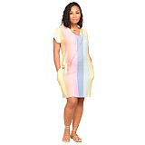 Fashion Women Summer Sexy Short Sleeve O Neck Loose Rainbow Striped Print Oversized T Shirt Midi Dress CHY-1334
