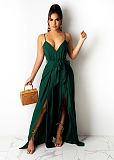 2021 Summer Hot Style Women Elegant Solid Color Deep V Neck Wide Leg Split Spaghetti Strap Bandage Jumpsuit ANDI-0508