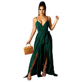 2021 Summer Hot Style Women Elegant Solid Color Deep V Neck Wide Leg Split Spaghetti Strap Bandage Jumpsuit ANDI-0508