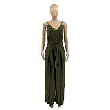 2021 Summer Hot Style Women Elegant Solid Color Deep V Neck Wide Leg Split Spaghetti Strap Bandage Jumpsuit ANDI-0508