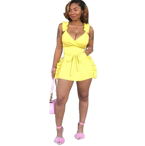 Sexy Women Deep V Neck Ruffles Sleeveless High Street Slim Fit Package Hip Night Club Mini Dress MDF-5236
