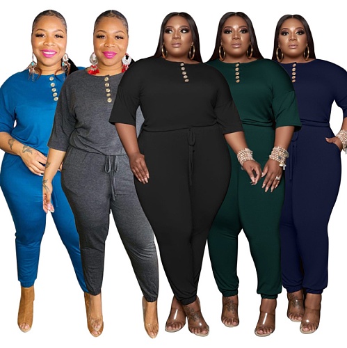 Fashion Plus Size Solid Color Half Sleeve O Neck T Shirt Top Lace-Up Pencil Pants Summer Women Two Piece Set OSS-21053