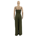 2021 Summer Hot Style Women Elegant Solid Color Deep V Neck Wide Leg Split Spaghetti Strap Bandage Jumpsuit ANDI-0508