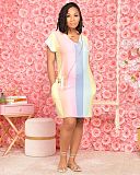 Fashion Women Summer Sexy Short Sleeve O Neck Loose Rainbow Striped Print Oversized T Shirt Midi Dress CHY-1334