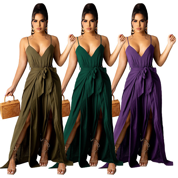 2021 Summer Hot Style Women Elegant Solid Color Deep V Neck Wide Leg Split Spaghetti Strap Bandage Jumpsuit ANDI-0508